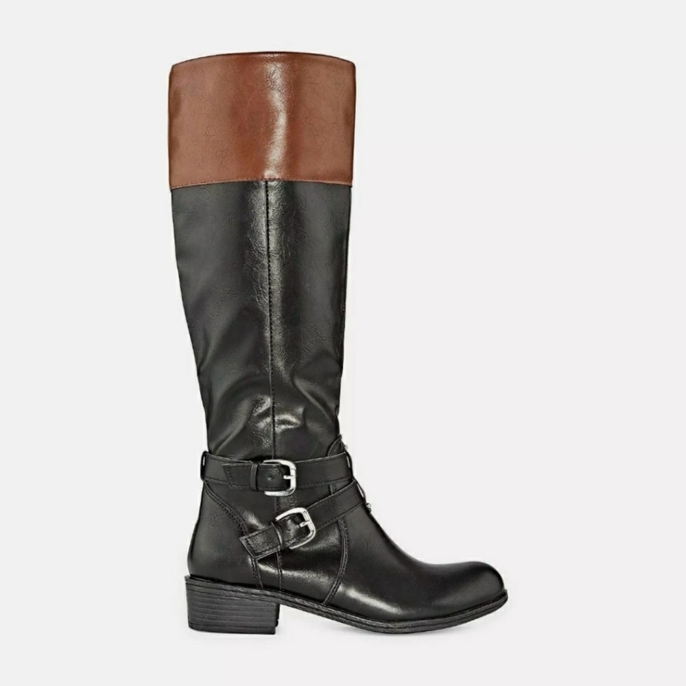 Black and Brown Women's Tall Riding Boots 9.5 Fall Winter Style Vegan Leather